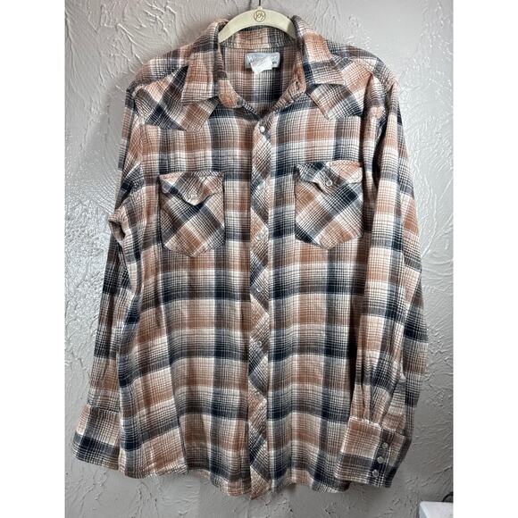 Wrangler Wrancher Flannel Pearl Snap Shirt Mens Brown Plaid Long Sleeve Large - Picture 1 of 4